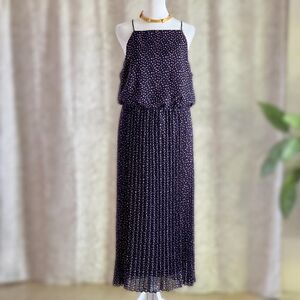NWT Sam Edelman‎ Chiffon Navy Blue & Pink Polka Dot Pleated Maxi Dress Size 12